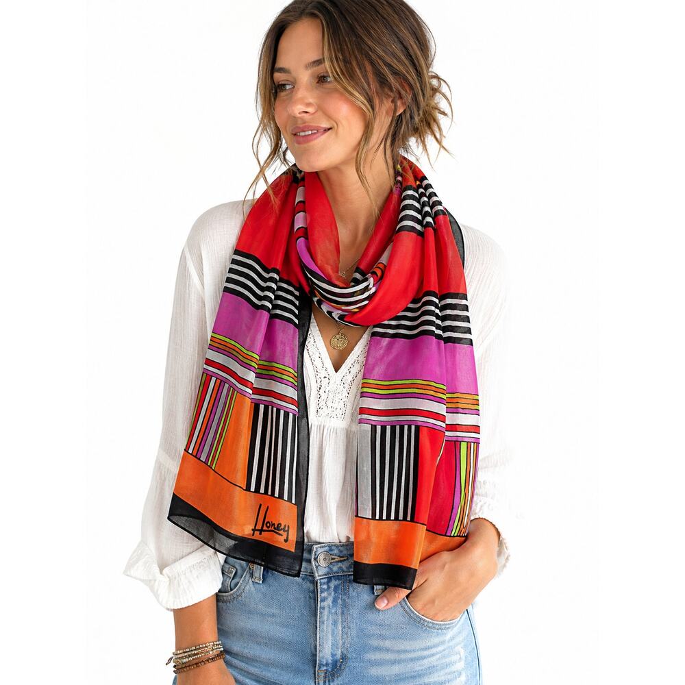 Honey Multicolor Striped Scarf Lightweight Boho Retro Bright Wrap Shawl
